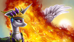 Size: 2560x1440 | Tagged: safe, artist:emeraldparrot, nightmare star, princess celestia, alicorn, pony, g4, crown, detailed, female, floppy ears, jewelry, mane of fire, mirror universe, nicemare star, regalia, solo, spread wings, sun, wallpaper