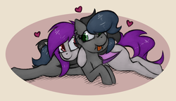 Size: 2598x1497 | Tagged: safe, artist:marsminer, oc, oc only, oc:notde, bat pony, pony, cuddling, female, heart, lesbian, oc x oc, rule 63, shipping