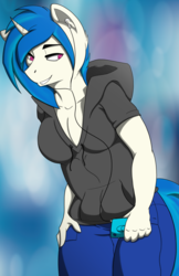 Size: 6600x10200 | Tagged: safe, artist:lula-moonarts, dj pon-3, vinyl scratch, anthro, g4, absurd resolution, breasts, cleavage, clothes, earbuds, female, hoodie, ipod, pants, solo