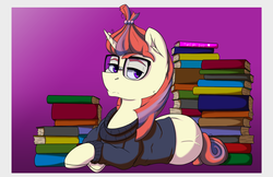 Size: 5950x3850 | Tagged: safe, artist:lula-moonarts, moondancer, pony, unicorn, g4, absurd resolution, book, clothes, crossed hooves, female, glasses, mare, solo, sweater