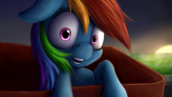 Size: 4184x2354 | Tagged: safe, artist:xormak, rainbow dash, pony, fanfic:my little dashie, g4, adoracreepy, box, creepy, cute, dashabetes, female, filly, filly rainbow dash, floppy ears, fluffy, high res, open mouth, pony in a box, solo, sunset, surprised, uncanny valley
