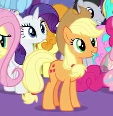 Size: 229x235 | Tagged: safe, screencap, applejack, bright smile, carrot top, castle (crystal pony), fluttershy, golden harvest, lucky clover, pinkie pie, rainbow dash, rarity, twinkleshine, crystal pony, earth pony, pony, unicorn, celestial advice, g4, cowboy hat, cropped, female, hat, mare, picture for breezies, smiling, solo focus