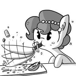 Size: 1080x1080 | Tagged: safe, artist:tjpones edits, edit, editor:dsp2003, oc, oc only, oc:brownie bun, earth pony, pony, horse wife, :t, carrot, chopping, cooking, cute, ear fluff, female, food, glare, grayscale, knife, mare, messy, monochrome, mouth hold, ocbetes, puffy cheeks, raised hoof, simple background, solo, textless, tomato, wat, white background