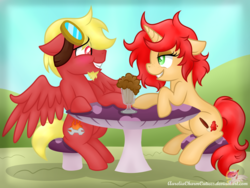 Size: 4724x3543 | Tagged: safe, artist:raspberrystudios, oc, oc only, oc:burny thermal, pegasus, pony, unicorn, absurd resolution, beard, blushing, commission, commissioner:burn2themall, dating, dining, facial hair, female, flirting, grin, horn, looking at each other, male, mare, mushroom, nervous, nervous smile, oc x oc, otp, partially open wings, restaurant, shipping, signature, smiling, stallion, stool, table, wings