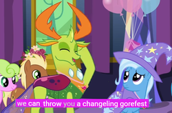 Size: 502x330 | Tagged: safe, edit, edited screencap, screencap, daisy, flower wishes, meadow song, thorax, trixie, changedling, changeling, pony, unicorn, celestial advice, g4, eyes closed, gorefest, implied gore, king thorax, meme, youtube caption