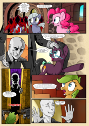 Size: 1280x1814 | Tagged: safe, artist:pencils, limestone pie, pinkie pie, oc, oc:anon, oc:moonglow twinkle, oc:silky strings, earth pony, human, pony, unicorn, comic:anon's pie adventure, g4, boots, bow, cloak, clothes, coat, comic, dialogue, door, eyes closed, female, floppy ears, glasses, hood, human male, male, mare, open mouth, pants, property damage, scared, scary, scary face, speech bubble, sweatdrop, tail bow
