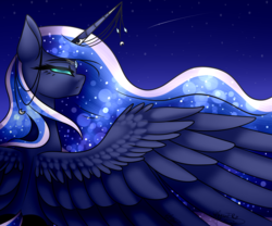 Size: 2400x2000 | Tagged: safe, artist:jessy2015, artist:minelvi, princess luna, alicorn, pony, g4, female, high res, horn, horn jewelry, jewelry, night, open collaboration, solo, spread wings