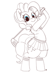 Size: 1280x1727 | Tagged: safe, artist:pabbley, pinkie pie, earth pony, pony, g4, bipedal, clothes, cute, diapinkes, female, golf, golf club, midriff, partial color, pleated skirt, shirt, simple background, skirt, socks, solo, white background