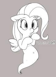 Size: 1280x1744 | Tagged: safe, artist:pabbley, fluttershy, ghost, g4, belly button, female, flutterghost, monochrome, oooooh, simple background, solo, spooky