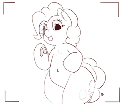 Size: 1280x1075 | Tagged: safe, artist:pabbley, pinkie pie, earth pony, pony, g4, 30 minute art challenge, belly button, bipedal, camera, camera shot, female, frog (hoof), lineart, low angle, monochrome, offscreen character, plump, pov, simple background, solo, tongue out, underhoof, white background