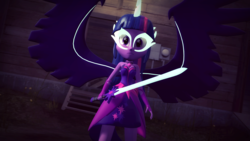 Size: 1920x1080 | Tagged: safe, artist:razethebeast, sci-twi, twilight sparkle, equestria girls, g4, 3d, alternate hairstyle, clothes, female, long hair, loose hair, midnight sparkle, solo, source filmmaker, sword, weapon