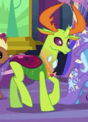 Size: 308x427 | Tagged: safe, edit, edited screencap, screencap, meadow song, thorax, trixie, changedling, pony, unicorn, celestial advice, g4, animated, equestrian pink heart of courage, female, gif, horn, king thorax, loop, mare, party hard, smiling