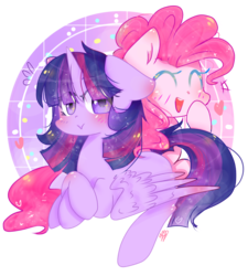 Size: 1271x1415 | Tagged: safe, artist:windymils, pinkie pie, twilight sparkle, alicorn, pony, g4, blushing, cute, diapinkes, duo, eyes closed, happy, looking at you, open mouth, prone, smiling, twiabetes, twilight sparkle (alicorn)