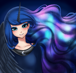 Size: 1300x1241 | Tagged: safe, artist:racoonsan, princess luna, human, g4, beautiful, clothes, cute, eyeshadow, female, galaxy mane, horn, horned humanization, humanized, looking at you, makeup, smiling, solo, winged humanization, wings