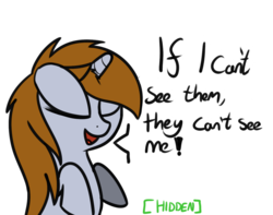Size: 1280x1009 | Tagged: safe, artist:neuro, oc, oc only, oc:littlepip, pony, unicorn, fallout equestria, covering, covering eyes, cute, dialogue, eyes closed, female, floppy ears, hidden, it just works, mare, open mouth, seems legit, silly, simple background, smiling, solo, transparent background