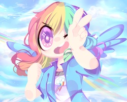 Size: 1280x1024 | Tagged: safe, artist:mikodiin, rainbow dash, human, g4, clothes, equestria girls outfit, female, humanized, one eye closed, open mouth, open smile, peace sign, smiling, solo, winged humanization, wings, wink