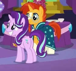 Size: 362x337 | Tagged: safe, screencap, starlight glimmer, sunburst, pony, unicorn, celestial advice, g4, butt, cape, clothes, duo, equestrian pink heart of courage, female, glasses, horn, male, mare, plot, smiling, stallion, twilight's castle