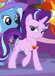 Size: 211x293 | Tagged: safe, screencap, starlight glimmer, sunburst, trixie, pony, unicorn, celestial advice, g4, equestrian pink heart of courage, female, horn, jewelry, male, mare, medal, smiling, stallion, twilight's castle