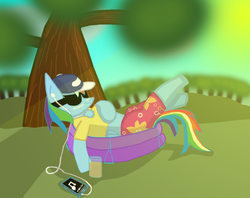 Size: 3468x2748 | Tagged: safe, artist:tacomytaco, rainbow dash, g4, belly button, cap, chest fluff, clothes, drink, earbuds, female, hat, high res, kiddie pool, midriff, phone, relaxing, solo, sunglasses, sunscreen, swimming pool, swimsuit, tree, winter swimsuit