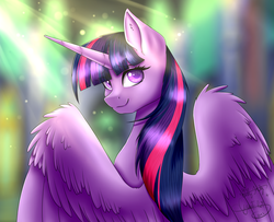 Size: 4300x3500 | Tagged: safe, artist:gittykitty264, artist:minelvi, twilight sparkle, alicorn, pony, g4, female, high res, looking back, smiling, solo, spread wings, twilight sparkle (alicorn)