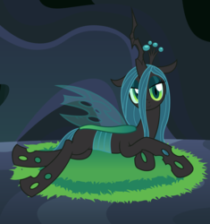 Size: 3613x3849 | Tagged: safe, artist:badumsquish, derpibooru exclusive, queen chrysalis, changeling, changeling queen, g4, bedroom eyes, cave, crown, draw me like one of your french girls, female, high res, jewelry, lidded eyes, looking at you, mare, nest, on side, prone, regalia, smiling, solo, spread wings, stupid sexy chrysalis, transparent wings, wings
