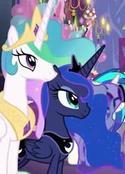 Size: 345x480 | Tagged: safe, screencap, dj pon-3, princess celestia, princess luna, vinyl scratch, alicorn, pony, celestial advice, g4, crown, flowing mane, horn, jewelry, regalia, smiling