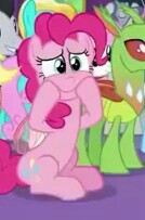 Size: 134x203 | Tagged: safe, screencap, bright smile, castle (crystal pony), lucky clover, pinkie pie, changedling, changeling, crystal pony, earth pony, pony, celestial advice, g4, cropped, female, hooves on face, mare, picture for breezies, sitting up, solo focus