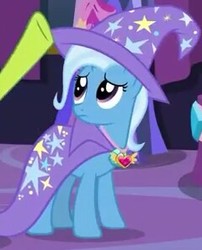 Size: 240x297 | Tagged: safe, screencap, trixie, pony, unicorn, celestial advice, g4, cape, clothes, equestrian pink heart of courage, female, hat, mare, solo