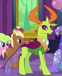 Size: 362x437 | Tagged: safe, screencap, daisy, flower wishes, meadow song, thorax, trixie, changedling, pony, celestial advice, g4, equestrian pink heart of courage, horn, king thorax