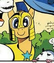 Size: 181x210 | Tagged: safe, idw, flash sentry, tiberius, opossum, pony, g4, my little pony micro-series, spoiler:comic, armor, comic, cropped, helmet, smiling