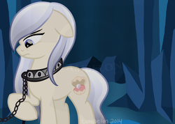 Size: 800x570 | Tagged: safe, artist:tambelon, oc, oc only, oc:opalescent pearl, crystal pony, pony, chains, collar, female, mare, slave, solo, watermark
