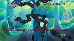 Size: 1920x1080 | Tagged: safe, edit, edited screencap, screencap, queen chrysalis, changeling, changeling queen, g4, to where and back again, cthulhu, cthulhu mythos, discovery family logo, female, image macro, lovecraft, meme, necronomicon, queen twistalis