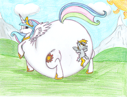 Size: 819x630 | Tagged: safe, artist:dragovian15, derpy hooves, princess celestia, alicorn, pegasus, pony, g4, bloated, bottom heavy, butt, chubbylestia, fat, female, inflation, mare, plot, squashed, traditional art