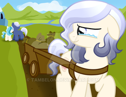 Size: 600x464 | Tagged: safe, artist:tambelon, oc, oc only, oc:opalescent pearl, crystal pony, pony, cart, crying, female, mare, watermark