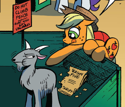Size: 621x533 | Tagged: safe, artist:andy price, idw, applejack, goat, pony, friends forever #8, g4, my little pony: friends forever, season 5, climbing, fence, meta, petting, reaching, silly, silly pony, tongue out, who's a silly pony