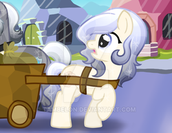 Size: 600x464 | Tagged: safe, artist:tambelon, oc, oc only, oc:opalescent pearl, crystal pony, pony, cart, crystal empire, female, mare, solo, watermark