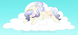 Size: 800x366 | Tagged: safe, artist:tambelon, oc, oc only, oc:opalescent pearl, crystal pony, pegasus, pony, cloud, female, mare, race swap, sleeping, solo, watermark