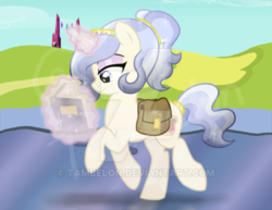 Size: 600x464 | Tagged: safe, artist:tambelon, oc, oc only, oc:opalescent pearl, crystal pony, pony, unicorn, book, female, mare, race swap, reading, solo, watermark