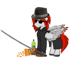 Size: 474x398 | Tagged: safe, oc, oc only, oc:epsilon edge, alicorn, hippogriff, pony, alicorn oc, cheeto dust, cheetos, clothes, definitely not oc:delta dart, drink, edgy, hat, hidden horn, katana, mountain dew, simple background, solo, sword, transparent background, trenchcoat, trilby, weapon