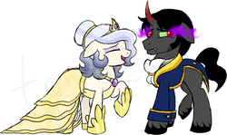 Size: 800x477 | Tagged: safe, artist:tambelon, king sombra, oc, oc:opalescent pearl, crystal pony, pony, unicorn, g4, awkward, beauty and the beast, canon x oc, clothes, dress, female, jewelry, looking back, male, mare, sombralescent, stallion, tiara, watermark