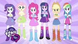 Size: 1920x1080 | Tagged: safe, applejack, fluttershy, pinkie pie, rainbow dash, rarity, twilight sparkle, alicorn, equestria girls, g4, balloon, boots, bowtie, bracelet, clothes, compression shorts, cowboy boots, cowboy hat, denim skirt, eg stomp, equestria girls logo, equestria girls prototype, error, hands on arms, hat, high heel boots, jewelry, leg warmers, looking at you, my little pony logo, purple background, shoes, simple background, skirt, socks, stetson, tank top, the eg stomp, twilight sparkle (alicorn), wristband