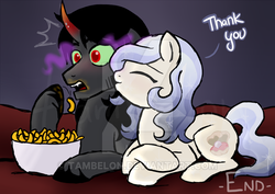 Size: 600x424 | Tagged: safe, artist:tambelon, king sombra, oc, oc:opalescent pearl, crystal pony, pony, unicorn, g4, canon x oc, cheetos, female, kissing, male, mare, shipping, sombralescent, stallion, watermark