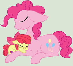 Size: 548x497 | Tagged: safe, artist:junetheicecat, apple bloom, pinkie pie, g4, base used, pony pillow, prone, simple background, sleeping