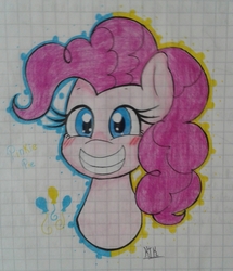 Size: 1536x1788 | Tagged: safe, artist:katythekiitty, pinkie pie, earth pony, pony, g4, bust, female, lined paper, portrait, smiling, solo, traditional art