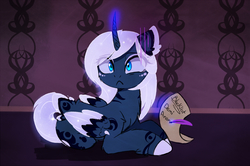 Size: 1280x851 | Tagged: safe, artist:magnaluna, princess luna, alicorn, pony, g4, :<, alternate design, alternate universe, blacklist, colored hooves, colored wings, curved horn, ear fluff, female, frown, glowing horn, horn, letter, list, magic, prone, quill, solo, tail feathers, white-haired luna