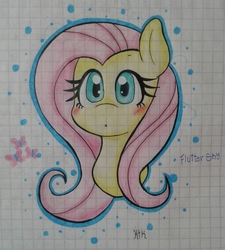 Size: 1536x1710 | Tagged: safe, artist:katythekiitty, fluttershy, pony, g4, blushing, bust, female, graph paper, lined paper, looking at you, portrait, solo, traditional art