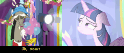 Size: 1438x620 | Tagged: safe, edit, screencap, discord, twilight sparkle, alicorn, pony, celestial advice, g4, animated, cap, caption, clothes, cropped, floppy ears, frown, gif, hat, headphones, lighting, shirt, smirk, squint, text, twilight sparkle (alicorn), twilight's castle