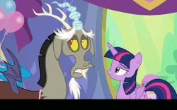 Size: 1024x640 | Tagged: safe, edit, screencap, discord, twilight sparkle, alicorn, pony, celestial advice, g4, animated, balloon, caption, crossed arms, eyes closed, freeze frame, frown, gif, pouting, smiling, smuglight sparkle, text, twilight sparkle (alicorn), twilight's castle