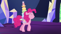 Size: 1920x1080 | Tagged: safe, screencap, pinkie pie, earth pony, pony, castle sweet castle, g4, 1080p, ^^, cake, eyes closed, female, food, grin, mare, seven-layer what's-that-flavour mystery surprise, smiling, solo, walking