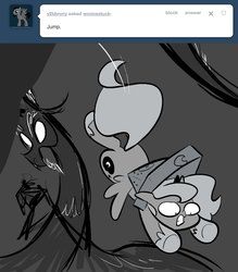 Size: 666x761 | Tagged: safe, artist:egophiliac, discord, princess luna, moonstuck, g4, ask, cartographer's cap, filly, grayscale, hat, monochrome, tumblr, woona, woonoggles, younger